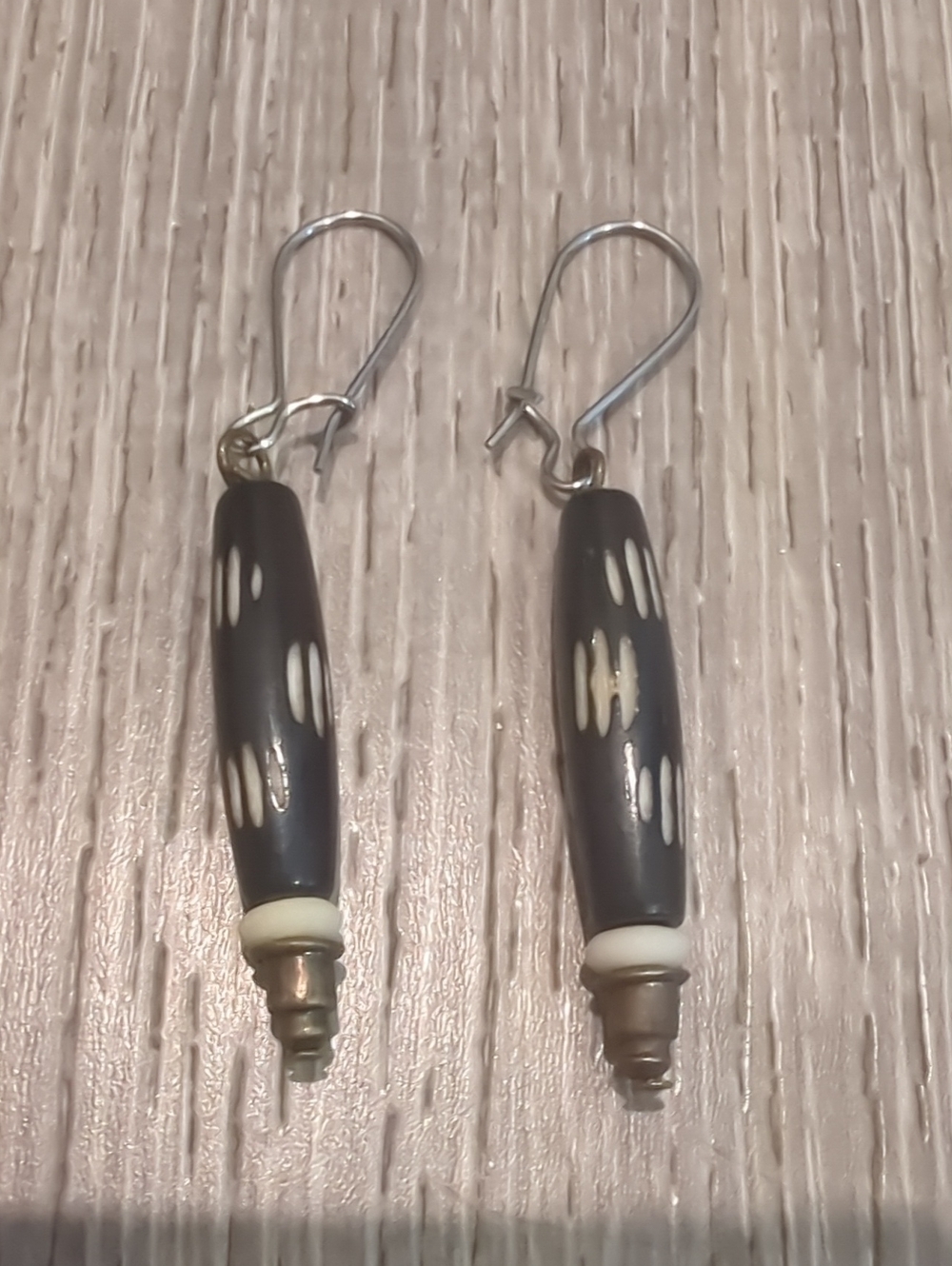 Handcrafted Artisan Carved Black White Drop Earrings
